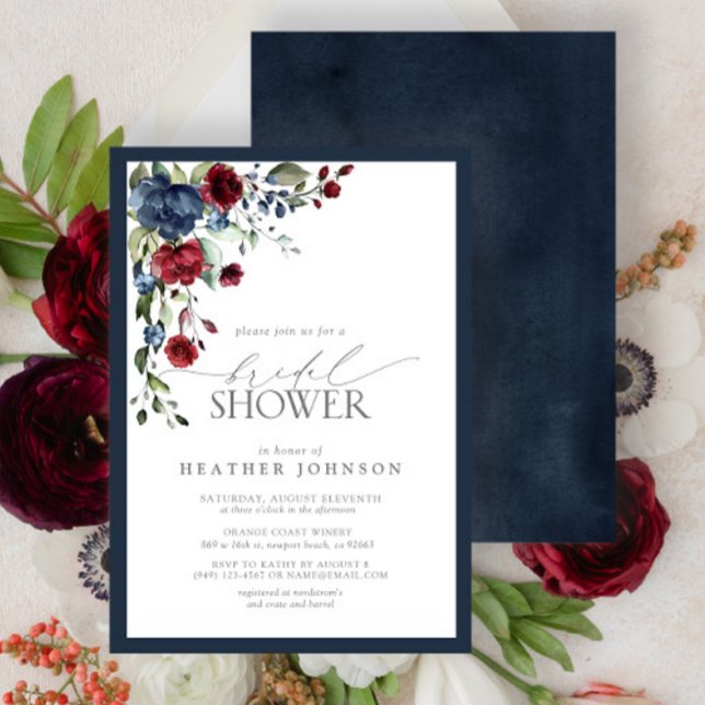 Invitation Fête des mariées d'aquarelle florale Bleu Bourgogn (Créateur téléchargé)