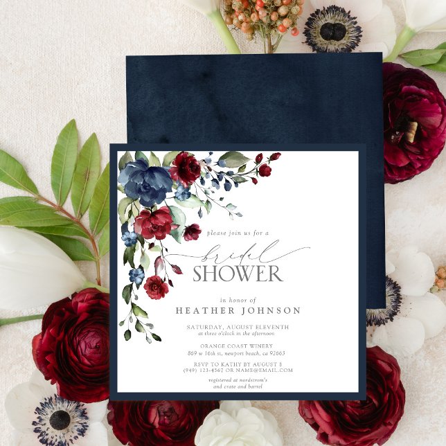 Invitation Fête des mariées d'aquarelle florale Bleu Bourgogn (Créateur téléchargé)