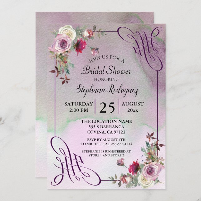 Invitation Fête des mariées d'aquarelle florale de lavande (Devant / Derrière)