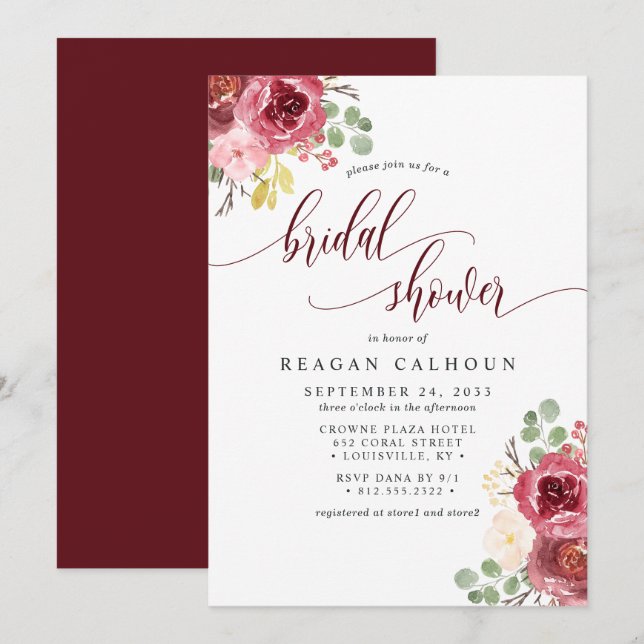 Invitation Fête des mariées d'aquarelle florale de Merlot rou (Devant / Derrière)