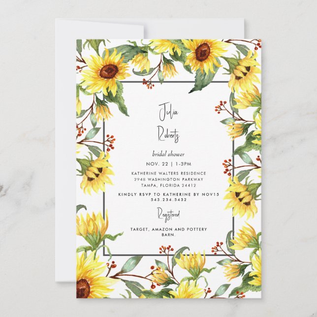 Invitation Fête des mariées d'aquarelle florale de tournesol  (Devant)