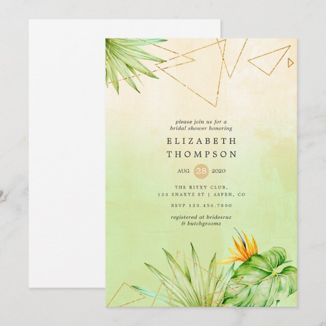 Invitation Fête des mariées d'aquarelle géométrique tropicale (Devant / Derrière)