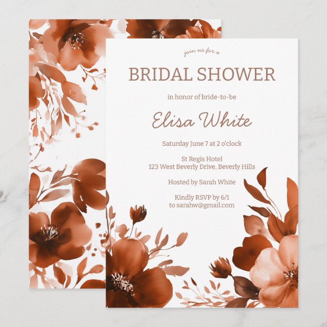 Invitation Fête des mariées d'aquarelle Mocha Blooms sur mesu (Devant / Derrière)