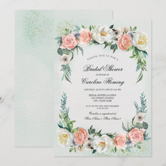 Invitation Fête des mariées d'aquarelle romantique Rose Wreat (Devant / Derrière)