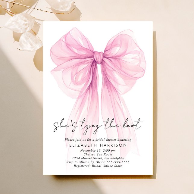 Invitation Fête des mariées d'aquarelle rose Coquette Bow (Créateur téléchargé)