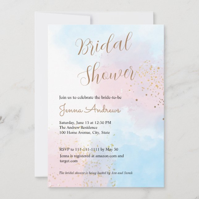 Invitation Fête des mariées d'aquarelle rose et bleu Pastel (Devant)