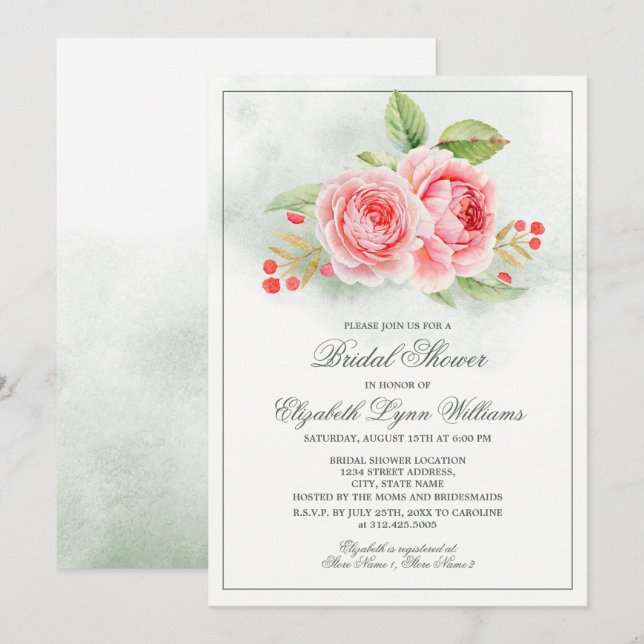 Invitation Fête des mariées d'aquarelle Rose romantique (Devant / Derrière)