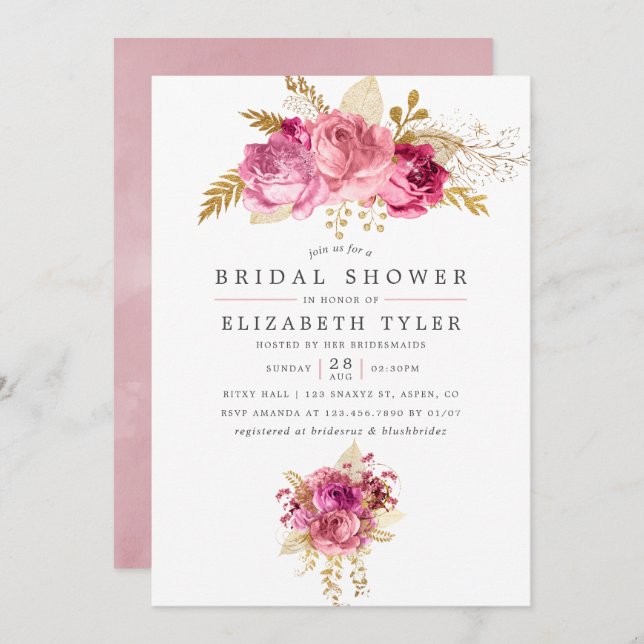 Invitation Fête des mariées d'aquarelle Rose rose et or (Devant / Derrière)