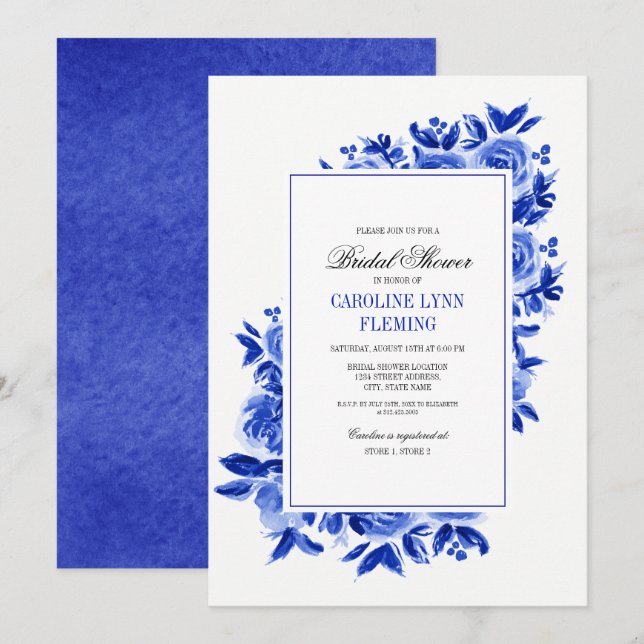 Invitation Fête des mariées d'aquarelle Royal Blue Floral (Devant / Derrière)