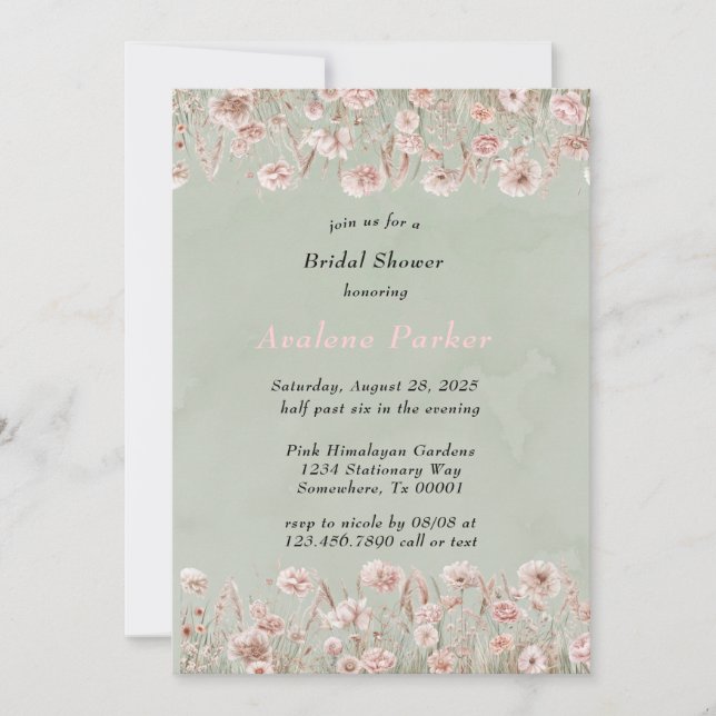 Invitation Fête des mariées d'aquarelle Sage Green Pink Peony (Devant)