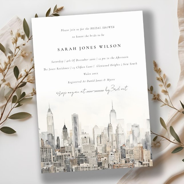 Invitation Fête des mariées d'aquarelle Skyline de New York (Créateur téléchargé)