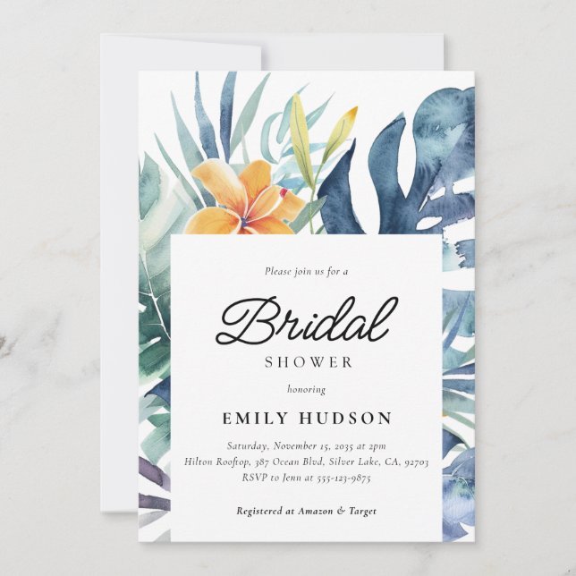Invitation Fête des mariées d'aquarelle tropicale florale d'é (Devant)