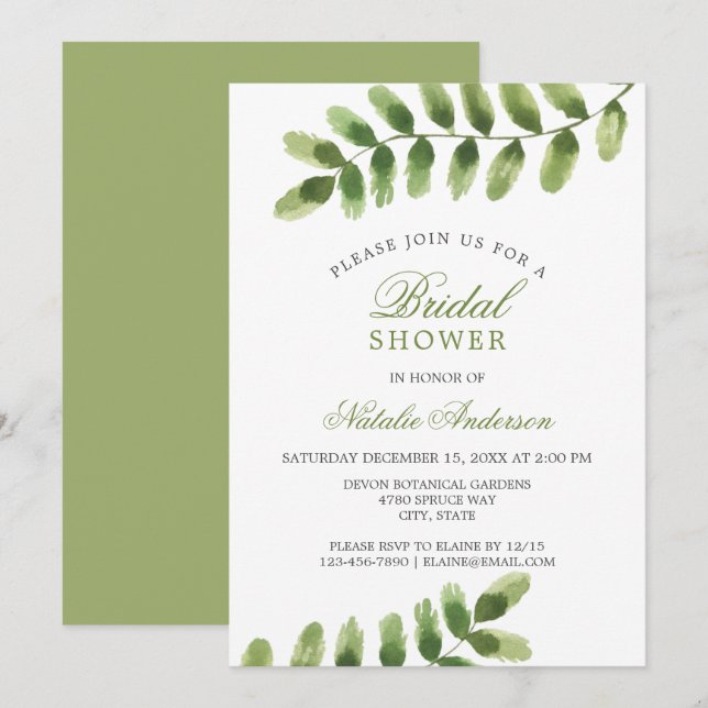 Invitation Fête des mariées d'aquarelle verte de sauge chic (Devant / Derrière)