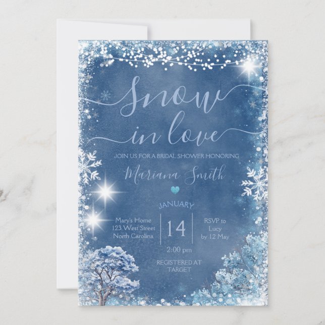 Invitation Fête des mariées d'arbre d'hiver Blue Snow in Love (Devant)