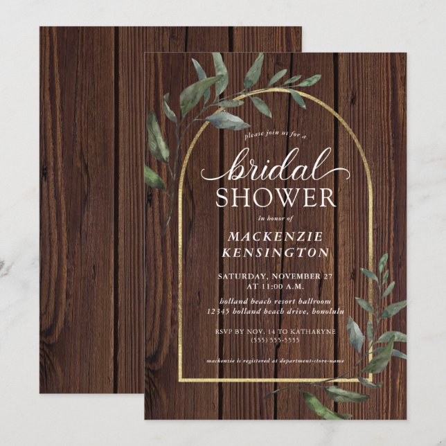 Invitation Fête des mariées d'arc en or Eucalyptus en bois ru (Devant / Derrière)