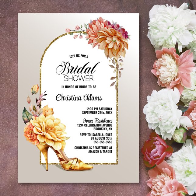 Invitation Fête des mariées d'arche à talon haute florale or (Créateur téléchargé)