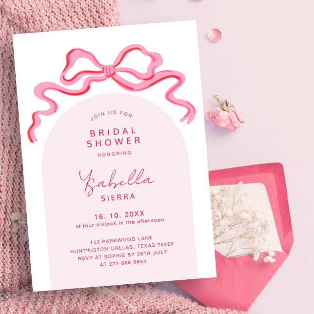 Invitation Fête des mariées d'arche de ruban à coquette rose  (Créateur téléchargé)