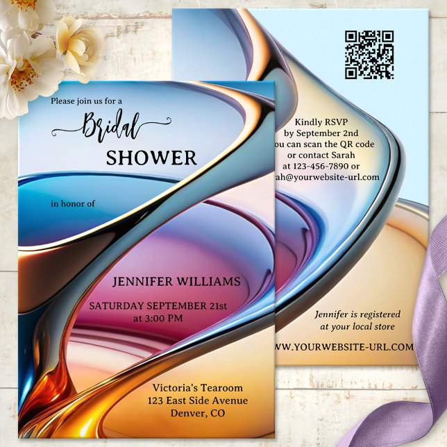 Invitation Fête des mariées d'art Abstrait moderne (Unique bridal shower invitation featuring colorful abstract modern art - with QR code)