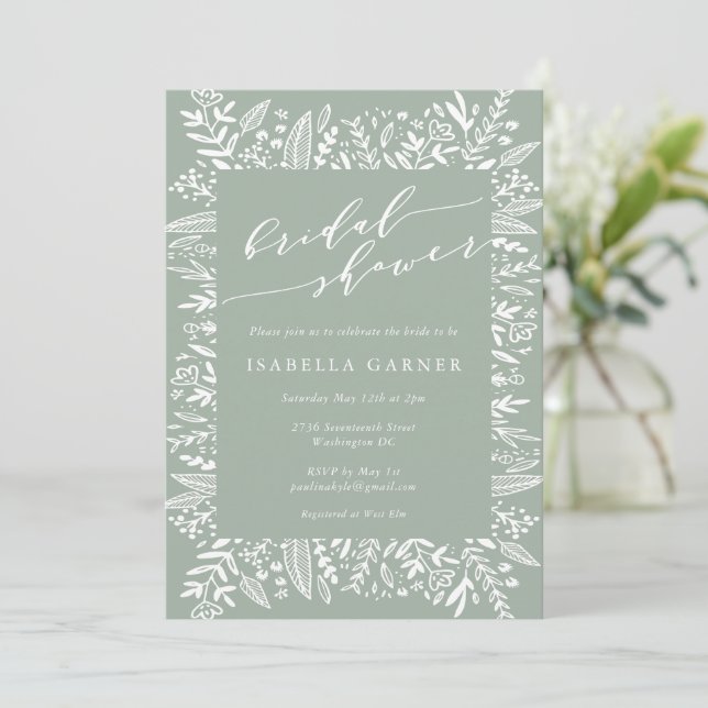 Invitation Fête des mariées d'art Rustique Sage Green Floral  (Debout devant)