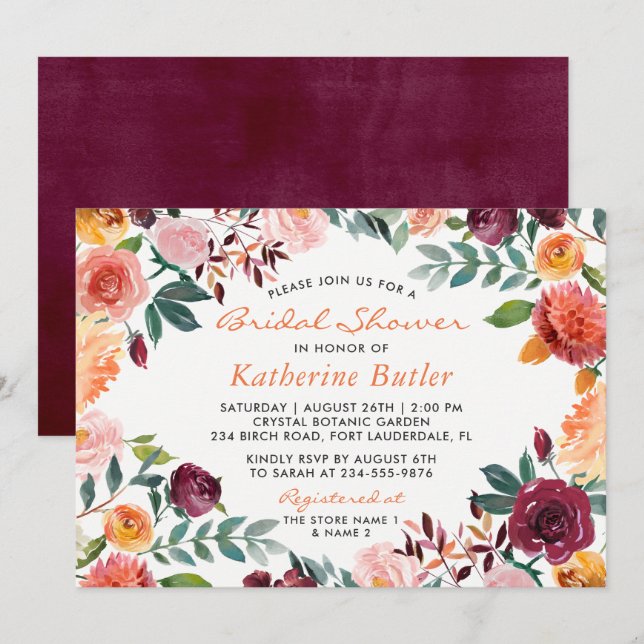 Invitation Fête des mariées d'automne des fleurs roses orange (Devant / Derrière)