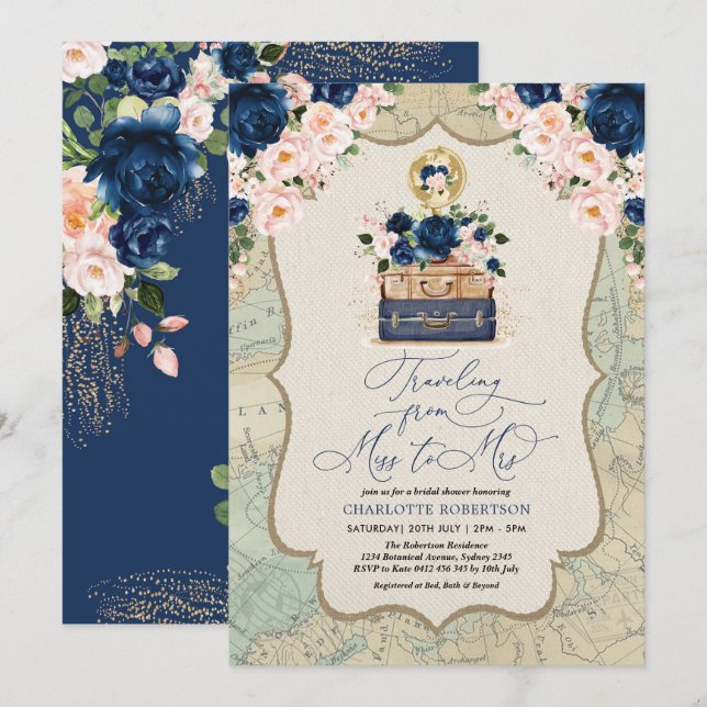 Invitation Fête des mariées d'aventure de voyage de Navy Blus (Devant / Derrière)