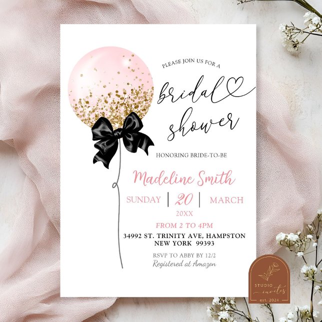Invitation Fête des mariées de ballons roses Coquette Bow (Créateur téléchargé)