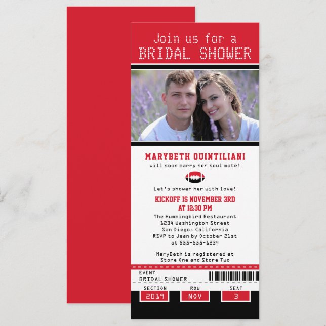 Invitation Fête des mariées de billets de football rouge noir (Devant / Derrière)