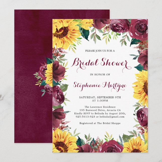 Invitation Fête des mariées de bordure florale des tournesols (Devant / Derrière)