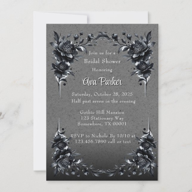 Invitation Fête des mariées de bordure gothique noire florale (Devant)