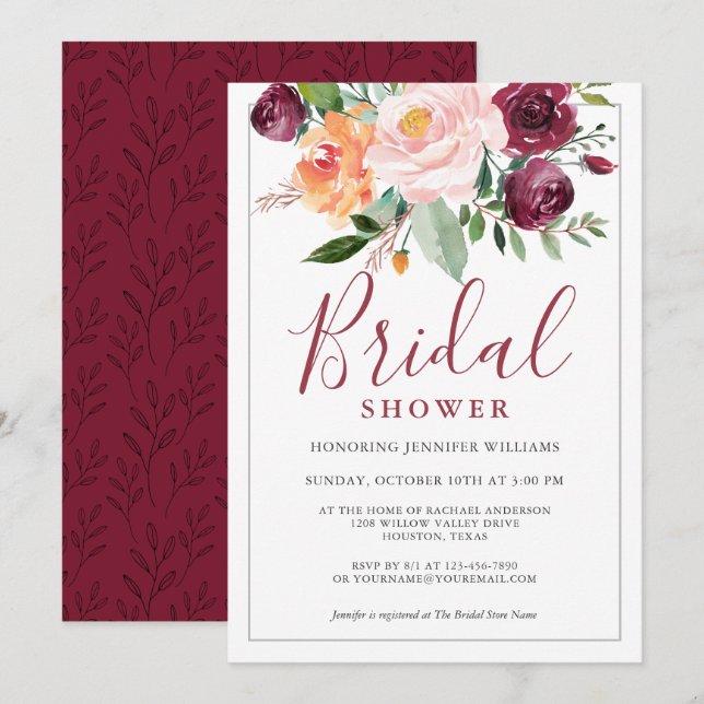 Invitation Fête des mariées de bouquet floral rustique aquare (Devant / Derrière)