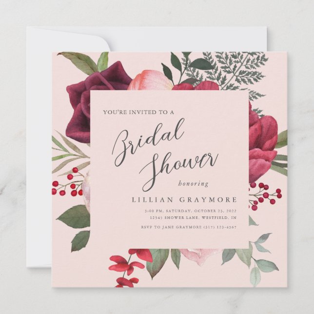 Invitation Fête des mariées de bouquet romantique rose nuptia (Devant)