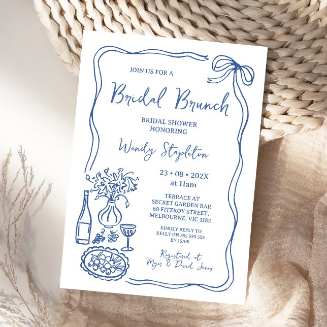 Invitation Fête des mariées de brunch à main bleue Whimsical (Whimsical Blue Hand Drawn Bridal Shower Invitation, Doodle, Bridal Brunch Bridal Shower Invite Food)