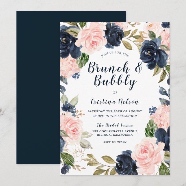 Invitation Fête des mariées de brunch et de bulle marine et b (Devant / Derrière)
