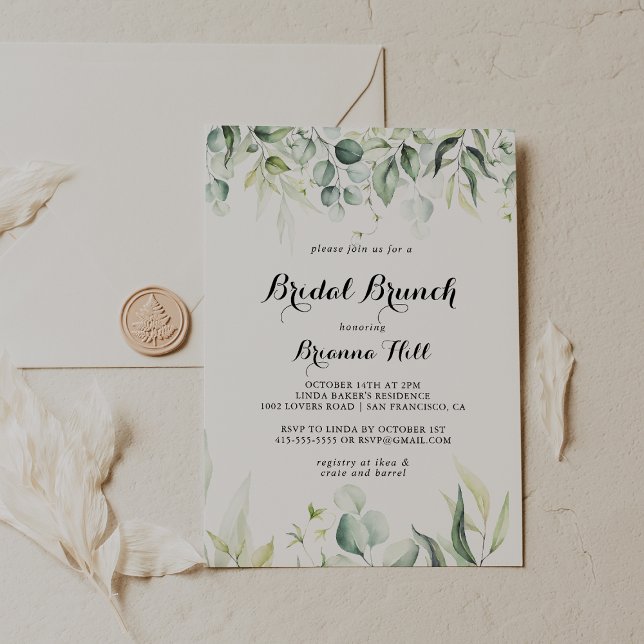 Invitation Fête des mariées de brunch nuptiale Eucalyptus aqu (Créateur téléchargé)