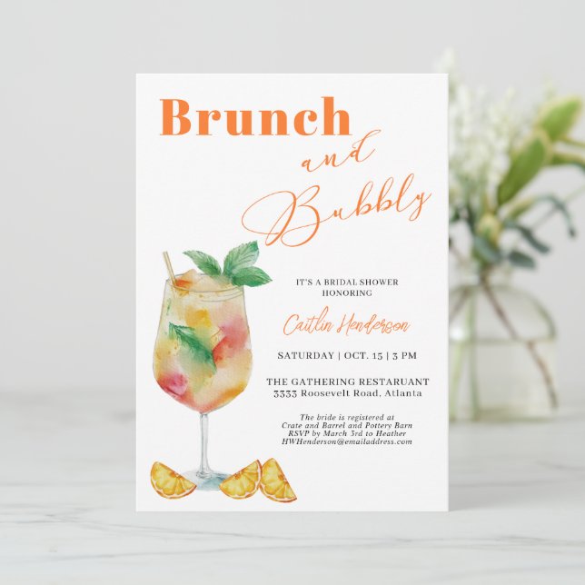 Invitation Fête des mariées de Brunch Orange et Champagne Bub (Debout devant)