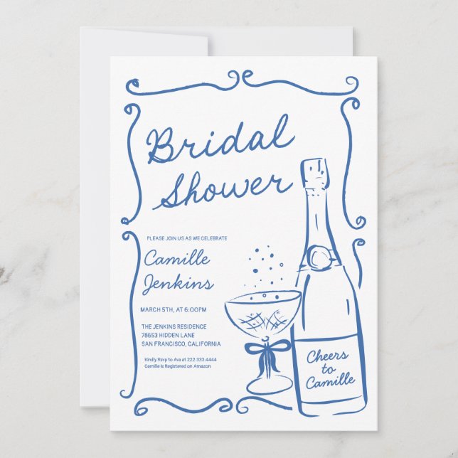 Invitation Fête des mariées de bulle bleue Champagne Brunch I (Devant)
