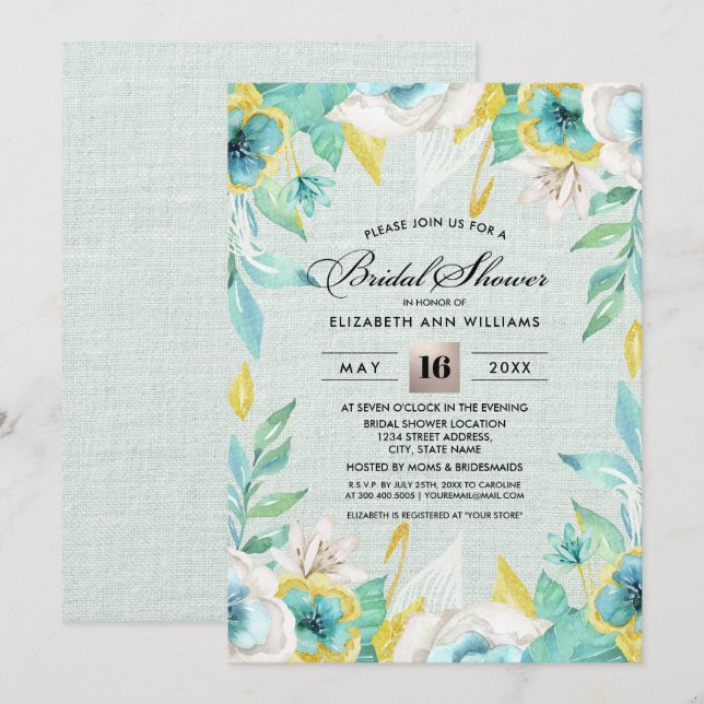 Invitation Fête des mariées de Burlap à la menthe jaune (Devant / Derrière)