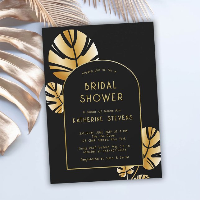 Invitation Fête des mariées de cadre Boho Tropical Art Déco (art deco gold tropical leaf boho arch bridal shower invitation gatsby roaring 20s elegant modern)