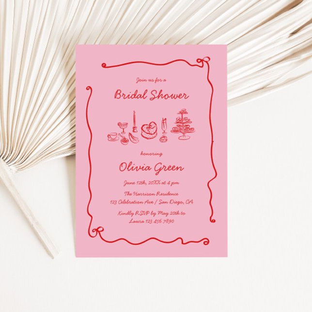 Invitation Fête des mariées de cadre de cache rouge rose manu (Créateur téléchargé)