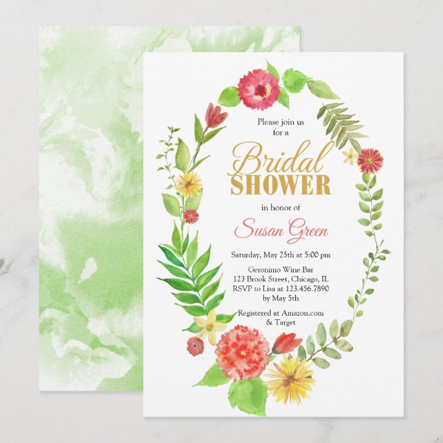 Invitation Fête des mariées de cadre de couleur aquarelle (Devant / Derrière)