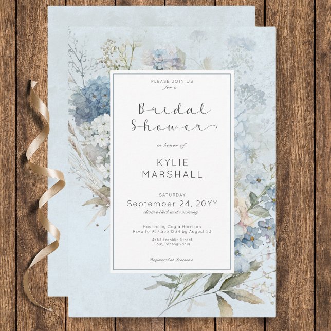 Invitation Fête des mariées de cadre de fleurs bleu et blanc  (Rustic Blue & White Floral Frame Bridal Shower Invitation)
