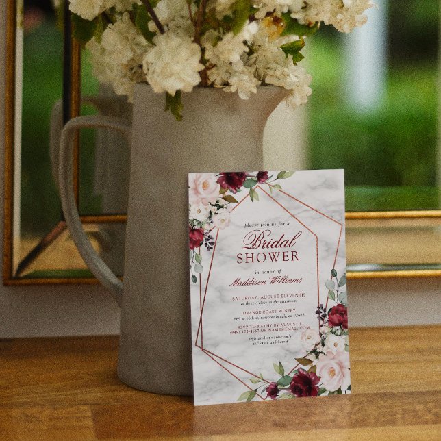 Invitation Fête des mariées de cadre doré floral Bourgogne (Créateur téléchargé)