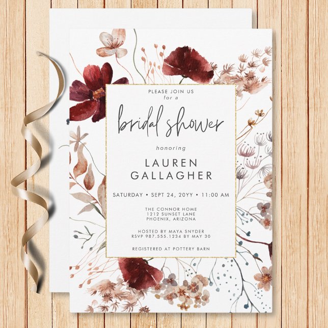Invitation Fête des mariées de cadre Fleur sauvage de rouille (Modern Fall Rust Wildflower Frame Bridal Shower Invitation)