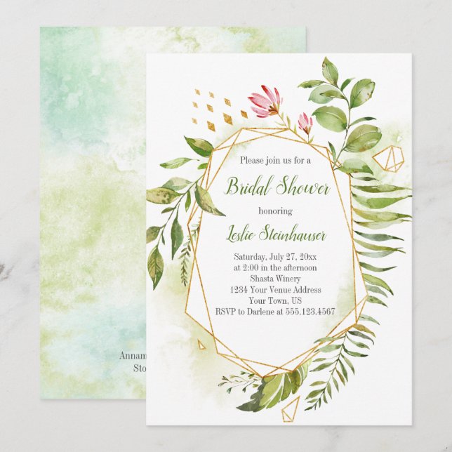 Invitation Fête des mariées de cadre géométrique en or botani (Devant / Derrière)