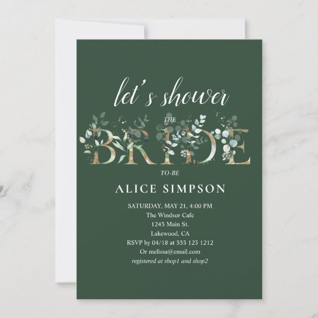 Invitation Fête des mariées de calligraphie Eucalyptus verdoy (Devant)