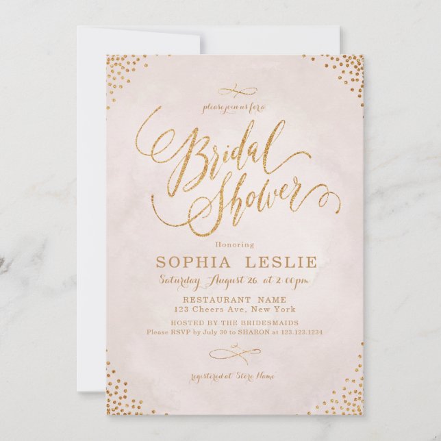 Invitation Fête des mariées de calligraphie or rose (Devant)