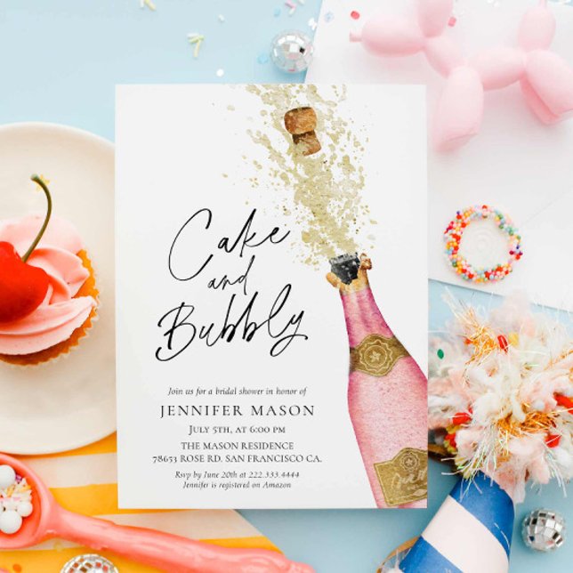 Invitation Fête des mariées de champagne au gâteau et au mous (Pink Bubbly Bridal Shower Invitation)