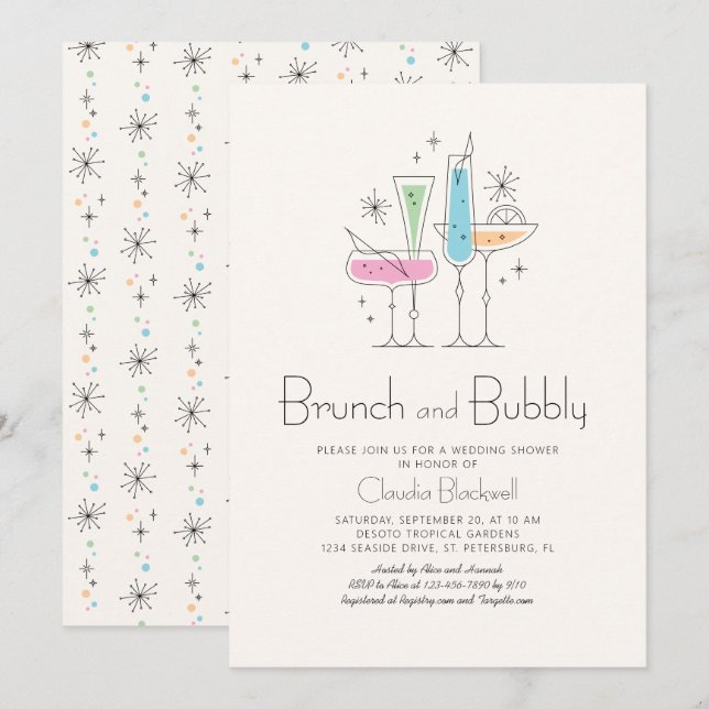 Invitation Fête des mariées de champagne Retro Brunch Bubbly (Devant / Derrière)