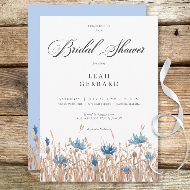 Invitation Fête des mariées de champs de fleurs bleues et de  (Blue Cornflowers & Wheat Field Bridal Shower Invitation)