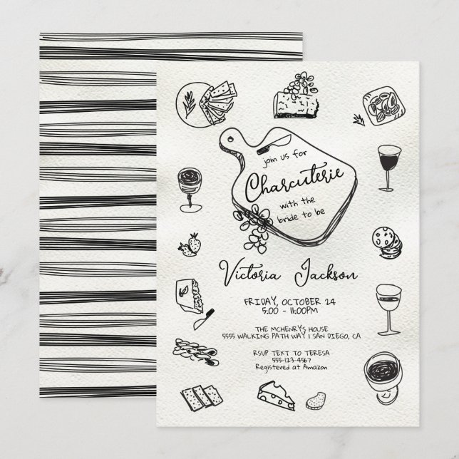 Invitation Fête des mariées de charcuterie tirée à la main (Devant / Derrière)